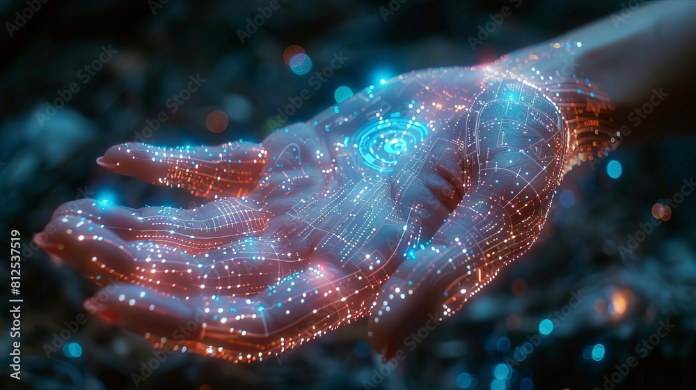 Futuristic concept showing a glowing digital network cradled in a human ...