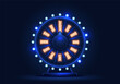 Neon wheel of fortune. Spinning lucky roulette on a bright background. Vector illustration.