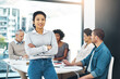 © peopleimages.com - Portrait, smile and confident business woman in office meeting, coworking or team leader in creative startup. Face, happy and professional entrepreneur with arms crossed, editor and proud manager
