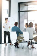 Aufkleber - Business woman, presentation and team in discussion, planning strategy or brainstorming in creative startup. Meeting, training and group in conference room with leader or financial advisor on graph