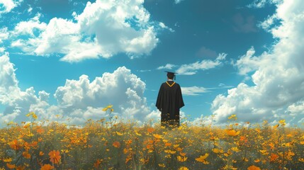 Wall Mural - Innovative composition of a graduate amidst a field of blooming opportunities