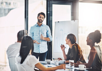 Poster - Businesspeople, meeting and board in office for presentation with graphs for business. Data scientist, planning and risk management with insurance, analytics and statistics for company with finance