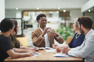 Fototapete - Business man, office and corporate team for presenting creative project, career planning or strategy collaboration. Diversity, speaker and talking for creativity, share idea or meeting on success