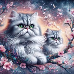 A cat and kittens on a tree branch art attractive has illustrative meaning illustrator.