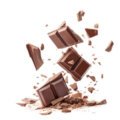 Broken chocolate bar pieces falling isolated on white background.