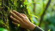 © Anthichada - Hand of woman gently touching tree bark covered in green lush moss in rainforest