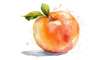 Sticker - Watercolor painting of a peach with green leaves, featuring soft, blended colors and splashes, creating a fresh and vibrant look.