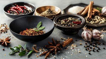 Wall Mural - Composition with black wok spices and products arranged on textured grey table