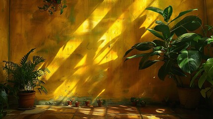 Poster -   A yellow-walled room with two potted plants on a tiled floor