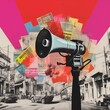 An urban collage-style illustration a loudspeaker prominently announcing news amidst colorful newspaper clippings and graphic elements
