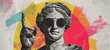 Modern collage with a classical twist. An antique female statue's head adorned with round sunglasses, set against a dynamic backdrop of geometric shapes and splashes of paint