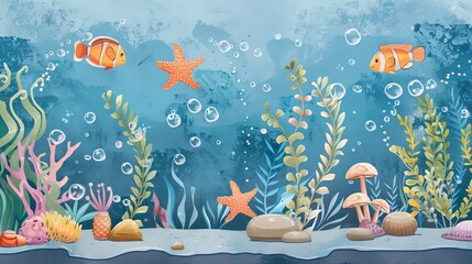 Wall Mural - Underwater scene with algae, coral, fish, and sea stars against a blue background. The aquarium-style illustration shows marine plants and wildlife, including seaweed, rocks, and bubbles.