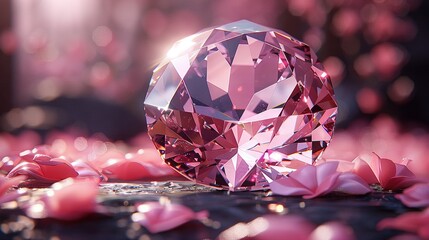 Poster -   A pink diamond resting atop a table, surrounded by paper pom-poms in shades of pink