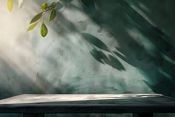 Empty table and darkgreen wall. Table with sun reflections and leaves shadows on beige wall. Background with bokeh for product presentation.Mock up for presentation, branding products,. Generative Ai.