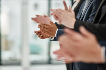 Poster - Business people, hands and clapping for results in office, motivation and support for company win. Employees, applause and solidarity for target or goals achievement, celebration and collaboration
