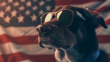 Wall Mural - Dog wearing sunglasses on the background of the American flag. Close-up.