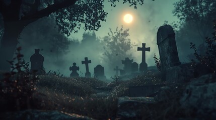 a spooky graveyard with ancient tombstones and restless spirits wandering among the shadows on hallo