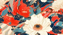 Seamless Pattern Of Oriental Traditional Flower Contemporary Floral Elements For Print, Textile, Fabric, Background And Others