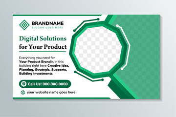 Poster - banner template design with example headline is digital solutions for your product. Curve for space of photo collage. Advertising flyer with horizontal layout. green element and white background.