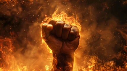 Wall Mural - Black power represented by a raised fist against a backdrop of flames