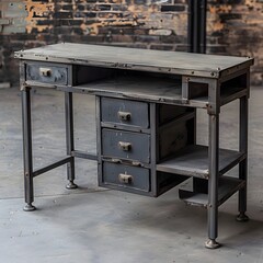 The industrial style desk has three drawers and two shelves on the side of it