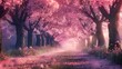 Cherry blossom trees in full bloom, lining a tranquil pathway