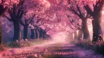 Wall Mural - Cherry blossom trees in full bloom, lining a tranquil pathway