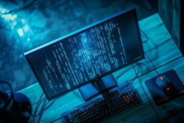 Poster - a computer monitor displaying vibrant blue digital data on a wooden table