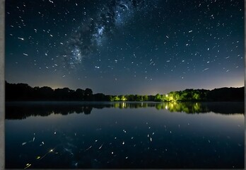 Wall Mural - night landscape with starry sky and lake. starry sky over the lake.