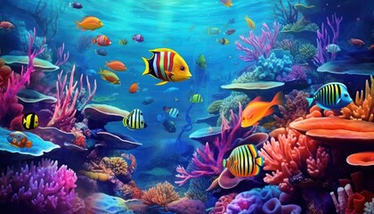Wall Mural - Tropical fish in the underwater, coral reef, amazing underwater life, various fish and exotic coral reefs, ocean wild creatures background