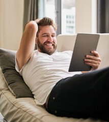 Poster - Relax, tablet and man in home, couch and chill for comedy on break, weekend and movie for peace in holiday. Apartment, rest and person with digital, watch and online for funny film with subscription