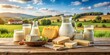 © Inna - Milk products on wooden table. AI generated