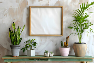 Wall Mural - Interior design of living room with brown mock up photo frame on the green shelf with beautiful plants in different hipster and design pots mock up. Generative Ai.