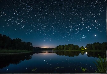 Wall Mural - night landscape with starry sky and lake. starry sky over the lake.