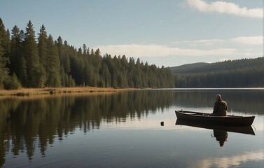 Wall Mural - Fisherman sitting in a boat on a calm lake in the mountains