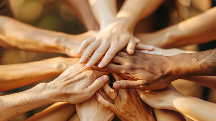 close up of people hands from team building at wellness retreat with community and support. voluntee