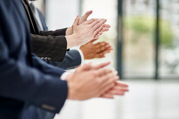 Aufkleber - Business people, hands and applause for success in office, motivation and support for company win. Employees, clapping and solidarity for target or goal achievement, celebration and unity meeting