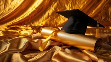 Wall Mural - Diploma and mortarboard on a golden backdrop
