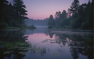 Wall Mural - Misty morning on the lake in the forest. 