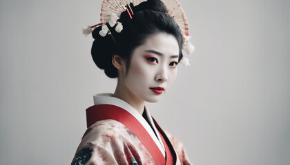 portrait of beautiful geisha in traditional clothes, isolated white background, copy space for a tex