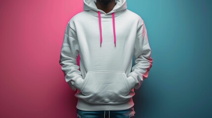 Wall Mural - A man is wearing a white hoodie with pink and blue accents