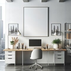 A desk with a computer and a chair in front of a large picture frame image lively card design.