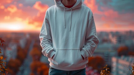 Wall Mural - A man is wearing a white hoodie and standing in front of a city skyline