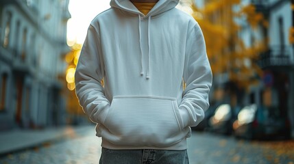 Wall Mural - A person is standing on a street wearing a white hoodie