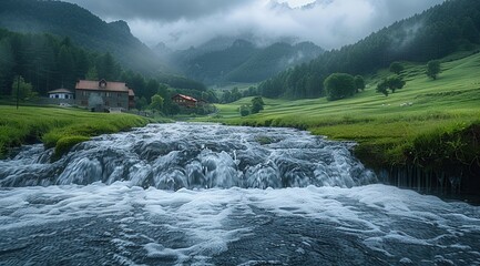 Wall Mural - In the center of the picture is a flowing river, in the background there are green fields and houses, on the right side of the frame we can see dark clouds