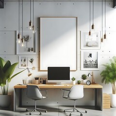 A desk with a computer and chairs and a picture frame on the wall image art art.