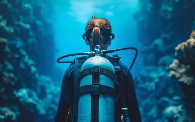 Wall Mural - A woman is wearing a black wet suit and is holding a blue oxygen tank. She is looking down into a deep blue ocean