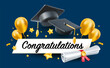 © wowomnom - Vector illustration of graduate cap and diploma scroll on blue background. 3d style design of congratulation graduates 2024 class with graduation hat and air balloon. Congratulations word