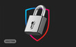 Vector illustration of silver color padlock and red and blue security shield on black background. 3d style design of metallic shine padlock and line shield