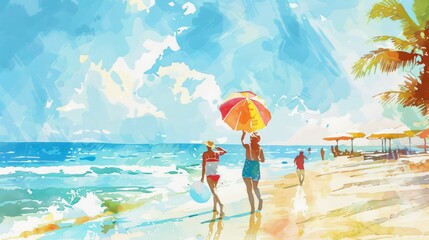 Wall Mural - Playful watercolor illustration featuring joyful moments during a beach holiday vacation